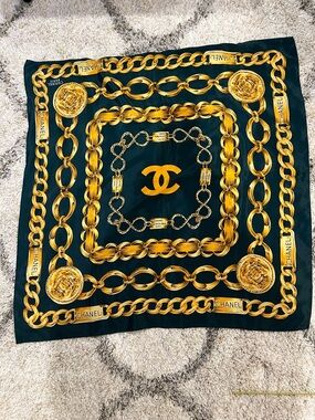 CHANEL Dark Green Silk Scarf with Gold Chain and CC Logo